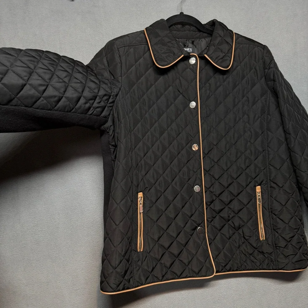 Jones New York Quilted Jacket Tan Trim PXL Black Diamond Stitch Minimalist Chic
